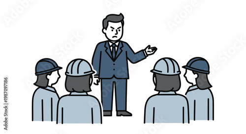 Businessman talking to construction workers team.