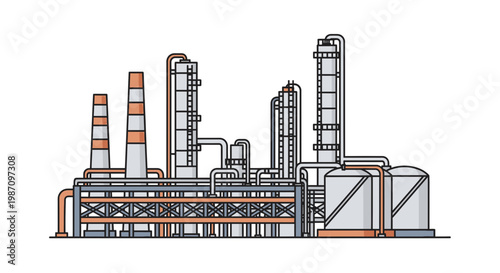 Industrial factory with smokestacks emission control.
