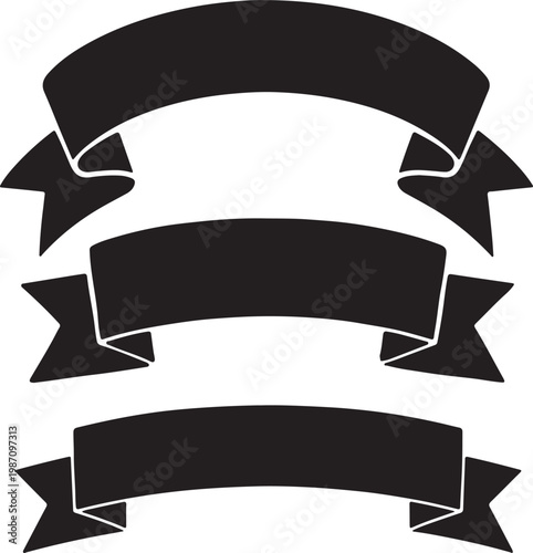 Set of Black Curving Ribbon Banners for Design Elements