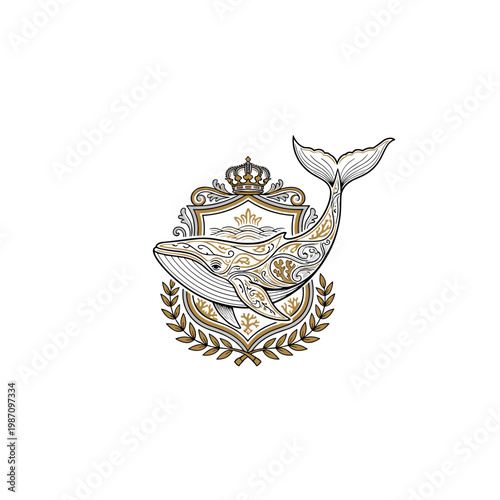 Stylized ornamental whale with intricate patterns emerging from an abstract surface