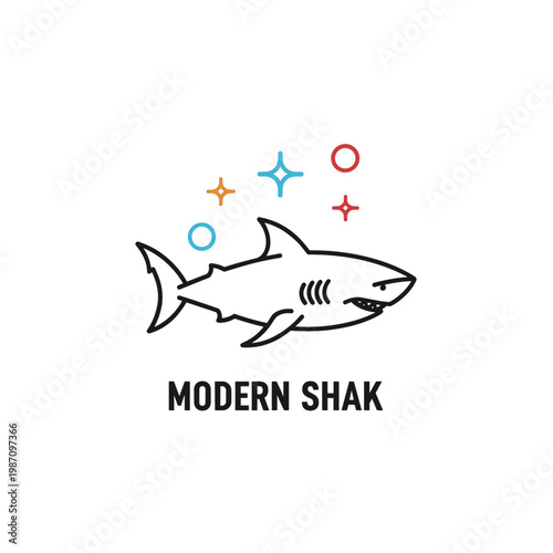 Stylized outline drawing of a shark with colorful sparkling shapes on a white background
