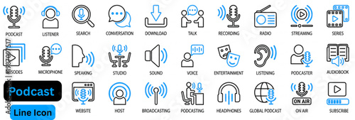 Podcast line icon set. Podcast outline icon collection contains microphone, host, record, podcasting, broadcasting, entertainment, transcript, subscribe, audio, timer and more. Solid icon collection. 