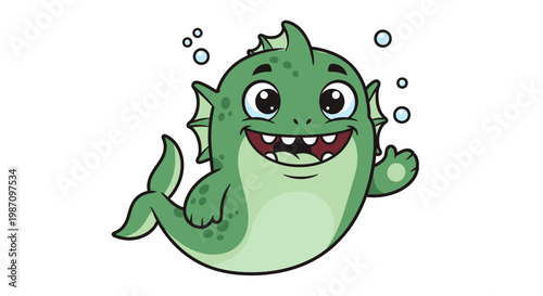 Smiling cartoon green sea monster fish.