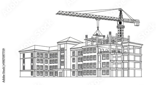 Construction site with crane building a structure against a white background