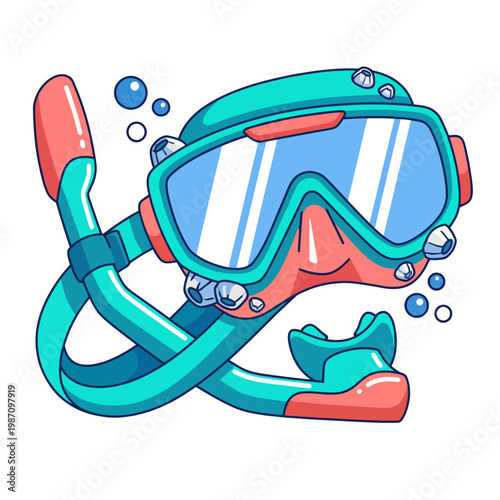 Photos A playful cartoon-style image of snorkeling gear, complete with a mask and snorkel, enhanced with vibrant colors and bubbles, inviting exploration and underwater adventure