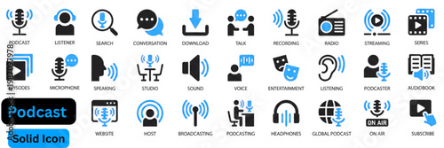 Podcast solid icon set. Podcast icon collection contains audio, microphone, record, podcasting, broadcasting, entertainment, transcript, subscribe bell, timer and more. Solid vector icons collection. 