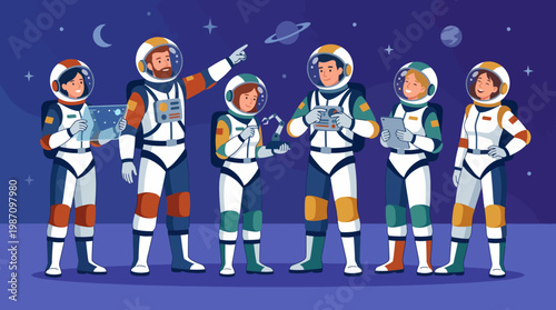 A group of diverse astronauts stands together in a cosmic landscape, highlighting the unity and exploration spirit of humanity in the vastness of space amidst planets and stars.