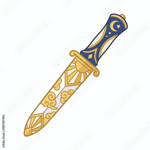 This ornate golden dagger is beautifully crafted with celestial designs, symbolizing mystery and allure while combining artistic craftsmanship and fantasy elements.