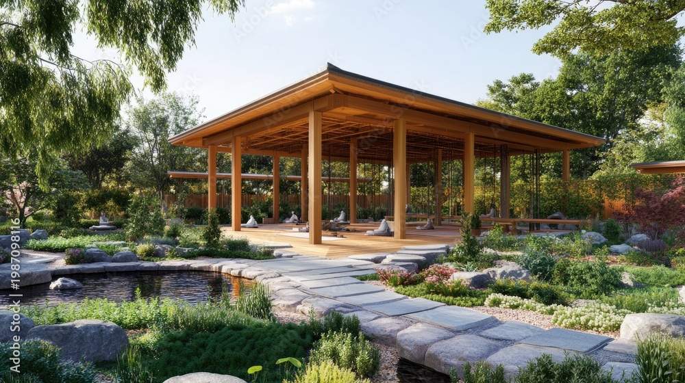 Fototapeta premium Serene Japanese Garden Pavilion: Tranquility and Nature