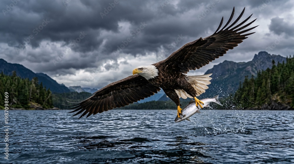 Obraz premium Magnificent bald eagle swoops low over a dark blue lake gripping a freshly caught silver fish with its talons under stormy grey rain clouds.