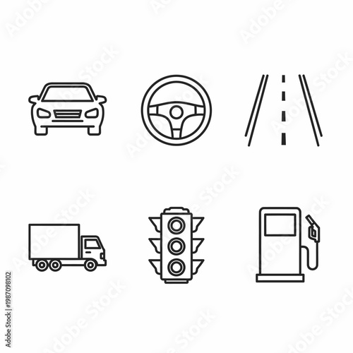 Transportation and Road Outline Icon Set - Car Steering Wheel Road Truck Traffic Light Gas Station Line Art Vector

