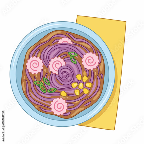 A vibrant illustration of a colorful dish featuring unique purple dessert swirls adorned with edible flowers, inviting viewers to appreciate artistic culinary creativity.