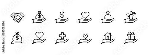 Charity and donation hands line icons, hand holding money bag heart gift box medical cross symbols, editable stroke vector illustration for social support design.