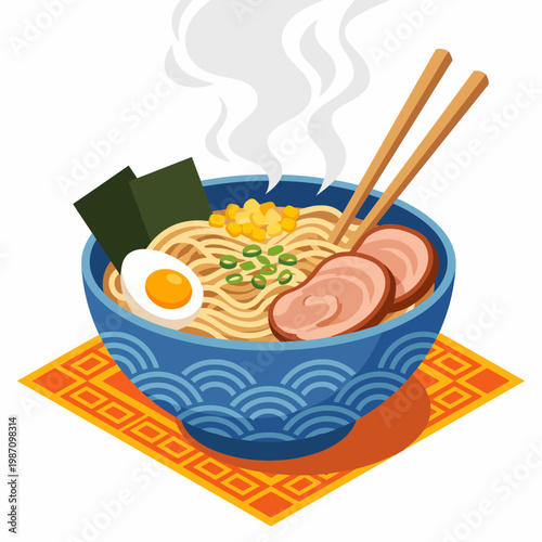 This appetizing bowl of ramen features steaming noodles, rich broth, and a variety of fresh toppings, embodying the heartwarming essence of Japanese cuisine and culture.