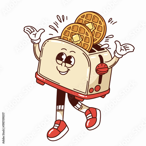 This cute illustration features a smiling toaster joyfully popping out waffles, conveying a sense of warmth and happiness associated with a delightful breakfast experience.