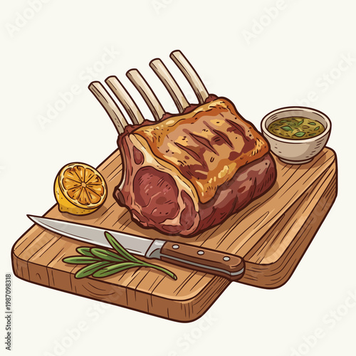 A savory illustration of a perfectly roasted rack of lamb on a wooden cutting board, garnished with herbs and lemon, celebrating gourmet culinary art.