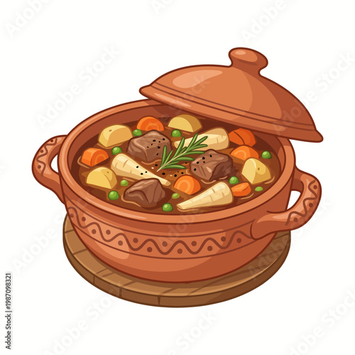 A rustic clay pot filled with a delicious stew, showcasing an array of vegetables and tender meat, representing comfort, home-cooking, and culinary richness.
