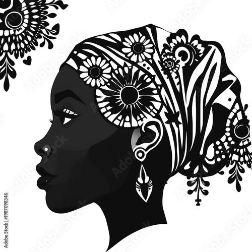 Illustrated profile of African woman with intricate floral headwrap and jewelry elegant cultural beauty and artistic design