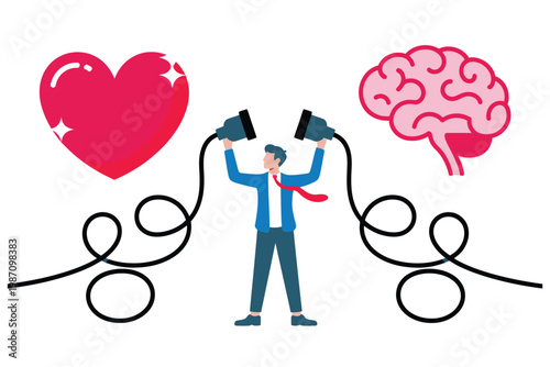 Man connecting heart emotions with human brain in flat design vector illustration psychology and emotional intelligence concept
