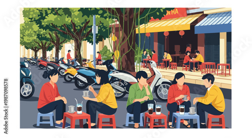 An engaging illustration of daily life on a bustling city street, where people relax and socialize over coffee at outdoor stalls