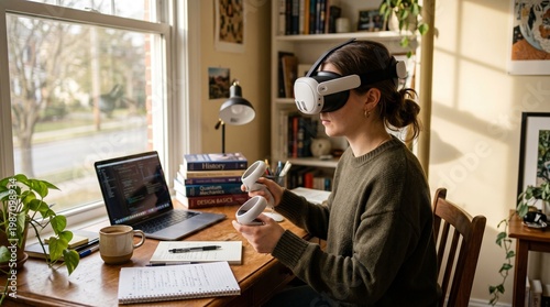 Ultra-realistic scene of a young person studying at home using a VR headset, desk with books and laptop blurred in background, warm sunlight entering through window, cozy environment