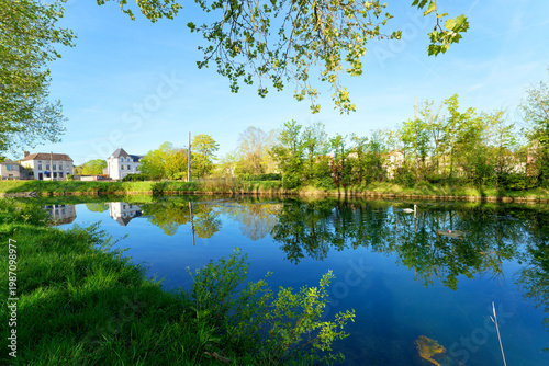 The Loing canal in Nemours city. Île-de-France region