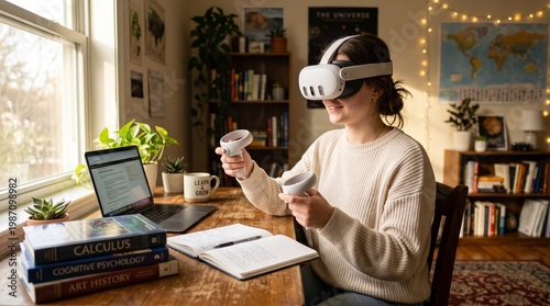 Ultra-realistic scene of a young person studying at home using a VR headset, desk with books and laptop blurred in background, warm sunlight entering through window, cozy environment