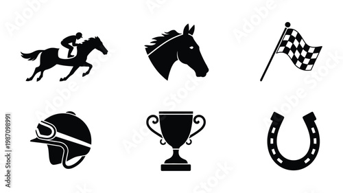 Horse racing icons filled black minimal style, jockey riding horse, gallop motion symbols, clean silhouette design