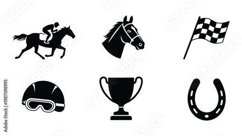 Horse racing icons filled black minimal style, jockey riding horse, gallop motion symbols, clean silhouette design