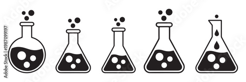 Laboratory flask icons with boiling liquid bubbles and chemical drops in various silhouettes.