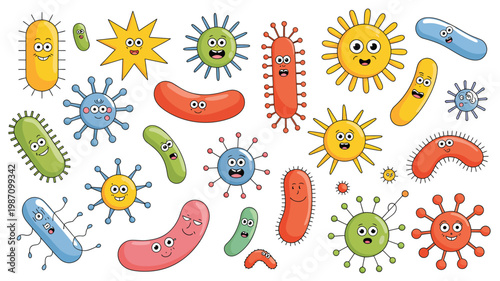 Multi-colored cartoon microbes and bacteria with cute faces representing germs viruses and microscopic organisms vector illustration set