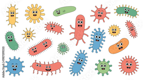 Multi-colored cartoon microbes and bacteria with cute faces representing germs viruses and microscopic organisms vector illustration set