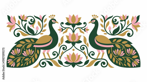 Intricate Decorative Border Featuring Two Elegant Peacocks Amidst Floral Motifs and Lotus Flowers
