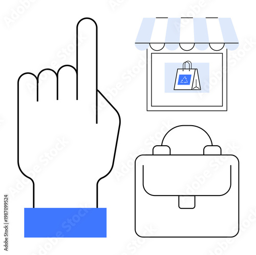 E-commerce, retail, online shopping, business services, store management, digital interaction. a hand pointing, shopfront with shopping bag and briefcase. E-commerce and retail