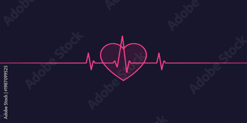 A medical vector illustration of a red heart and heartbeat pulse line on a red background symbolising cardiology health, love, and life through an ECG cardiogram icon for healthcare and hospital care