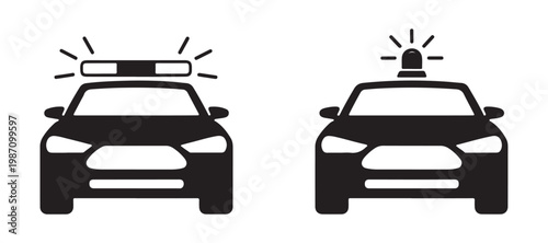 Police cars, emergency vehicles, black icons, simple illustrations, law enforcement symbols