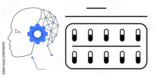 Artificial intelligence, pharmaceutical development, healthcare innovation, digital health, neural networks, medication research. Human head with AI gear. Artificial intelligence and pharmaceuticals