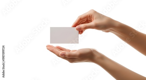 Hand holding blank business card over open palm, isolated on white background