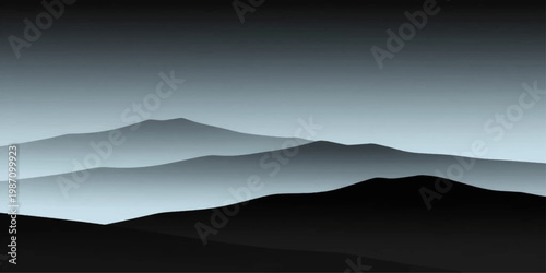 Abstract Mystical Mountain Serenity: An ethereal monochrome landscape depicts a range of majestic mountains shrouded in a veil of mist under a subdued sky, creating a scene of tranquil majesty.