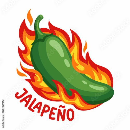 A vibrant jalapeño pepper surrounded by flames captures the essence of heat and flavor, ideal for spicy food products or intense culinary experiences in illustrations.