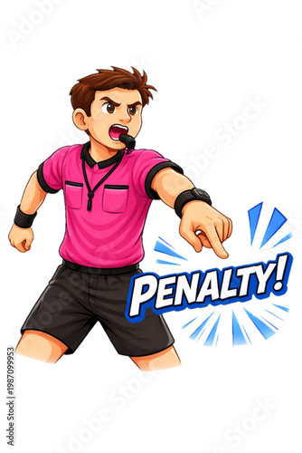 Soccer Referee in pink Shirt Pointing Forward with "PENALTY!" Text Bubble and Whistle in Mouth, Aggressive Penalty Kick Decision Illustration