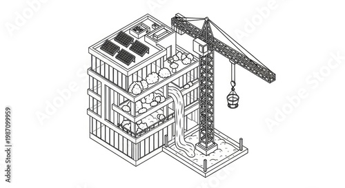 Isometric view of a building under construction with a construction crane