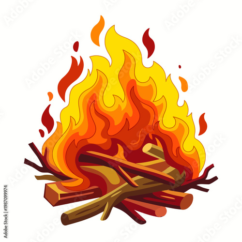 An eye-catching representation of a vibrant campfire, with bright orange and yellow flames rising above wooden logs, evoking warmth, comfort, and the spirit of gathering.