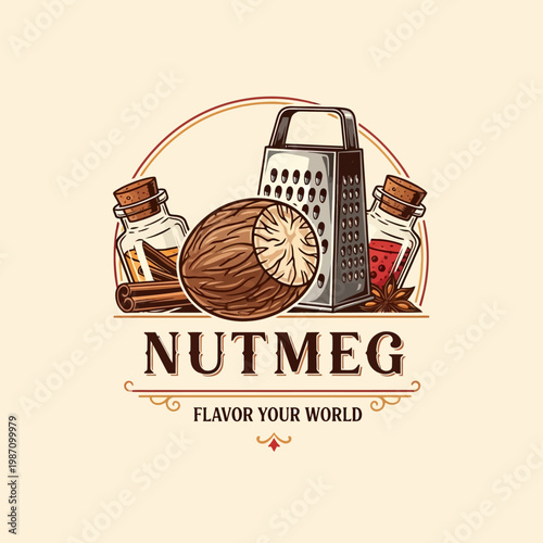 Nutmeg Spice Illustration with Grater.