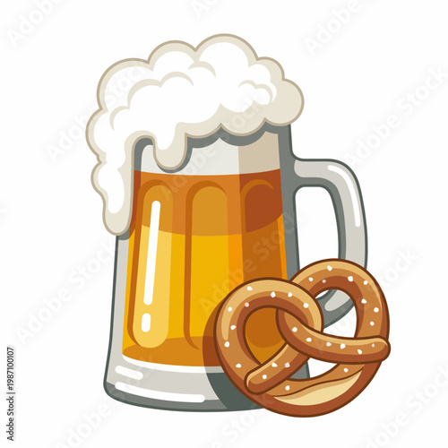 This inviting image features a frothy pint of beer paired with a crispy soft pretzel, perfect for a casual gathering or celebration with friends.