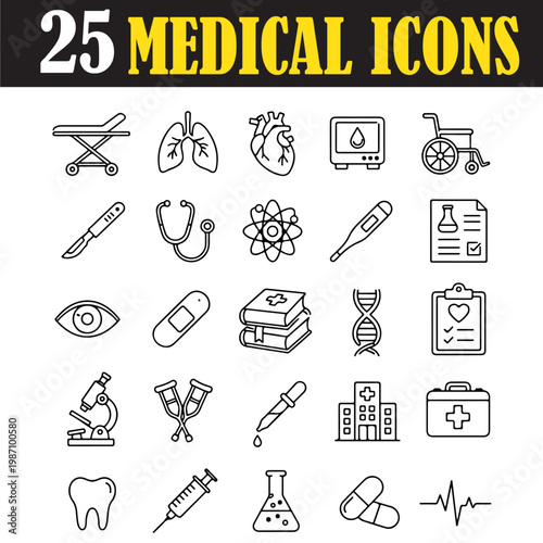 Medical icons set of 25 vector line elements, healthcare symbols for hospital and clinic apps, professional medicine and science graphics isolated PNG with Transparent Background