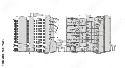 Architectural illustration of damaged buildings isolated on white background