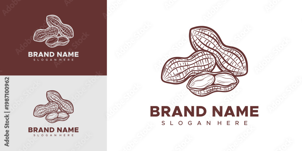 Naklejka premium A logo illustration of peanuts is shown on a white and brown background with text
