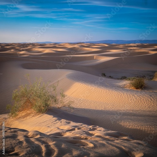A serene desert landscape with rolling sand dunes under a blue sky