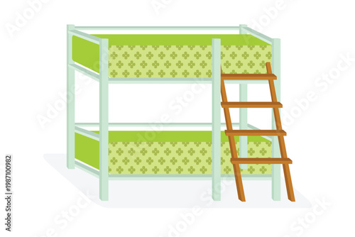 Vector illustration of bunk bed with ladder in kids bedroom isolated on white background
